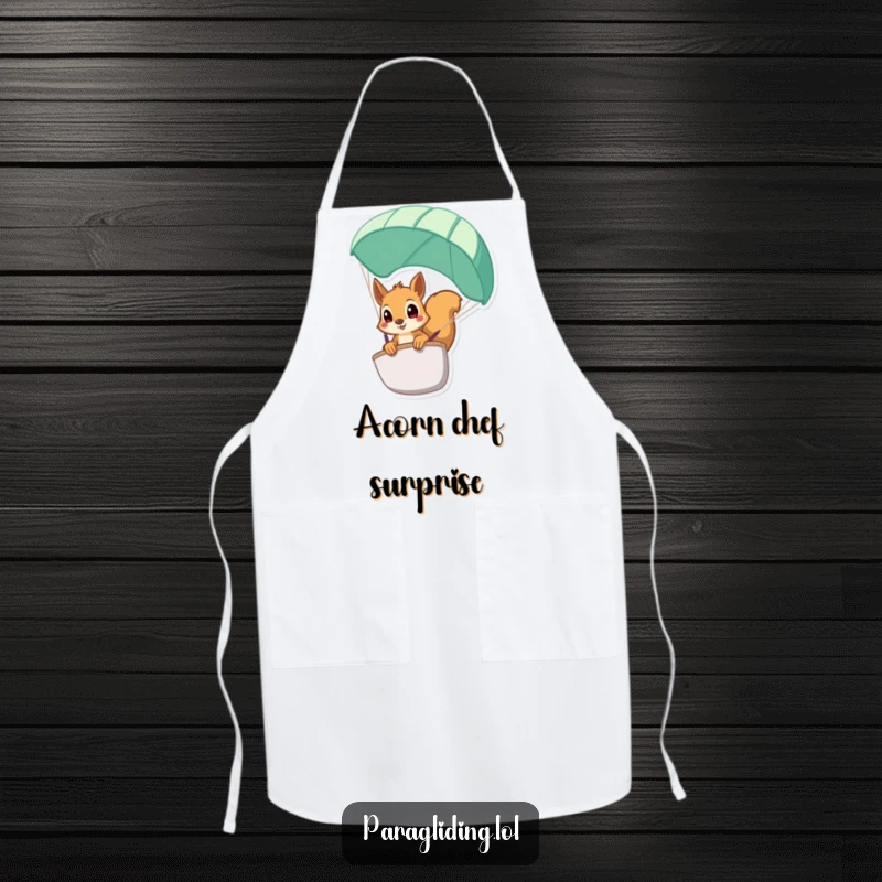 Funny squirrel apron, a kitchen garment with a squirrel peeking from a paraglider, perfect for cooking.