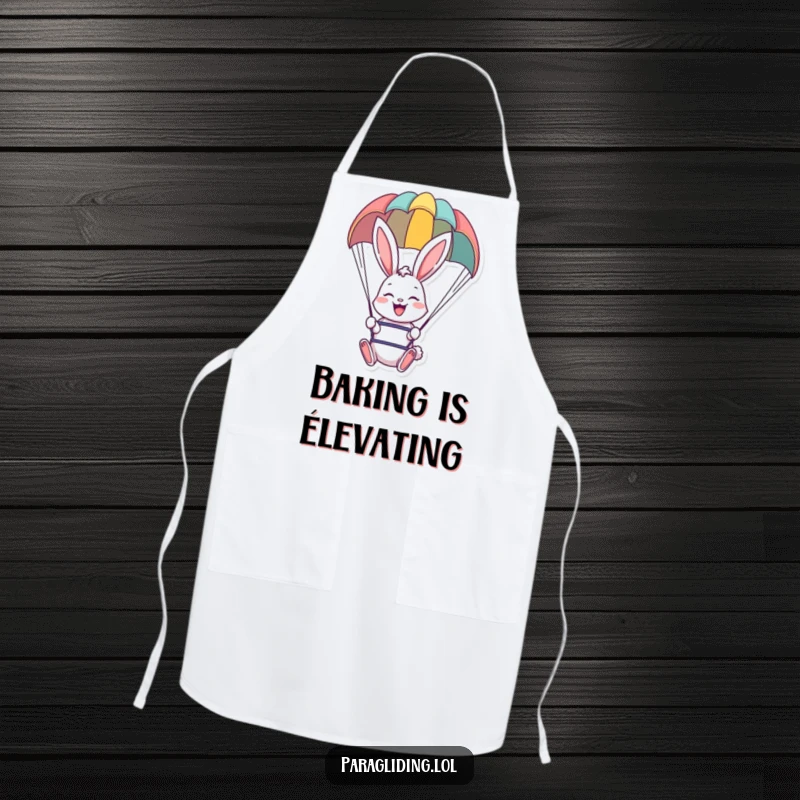 Funny kitchen apron with a cheerful bunny paragliding design, perfect for adding joy to cooking.