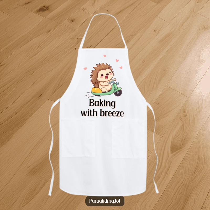 Funny apron depicting a happy hedgehog enjoying a windy ride, adding a cheerful and humorous touch to kitchen activities.