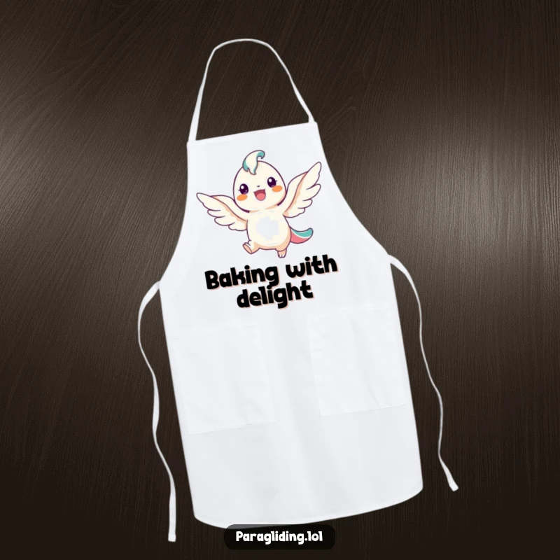 Funny apron featuring a smiling winged creature descending gracefully, ready to cook up some joy, perfect for a humorous kitchen.