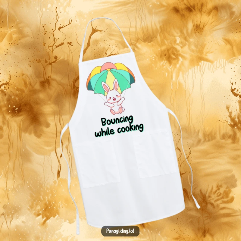 Funny apron featuring a happy bunny floating serenely under a colorful parachute, ideal for cooks who want to add a cheerful touch.