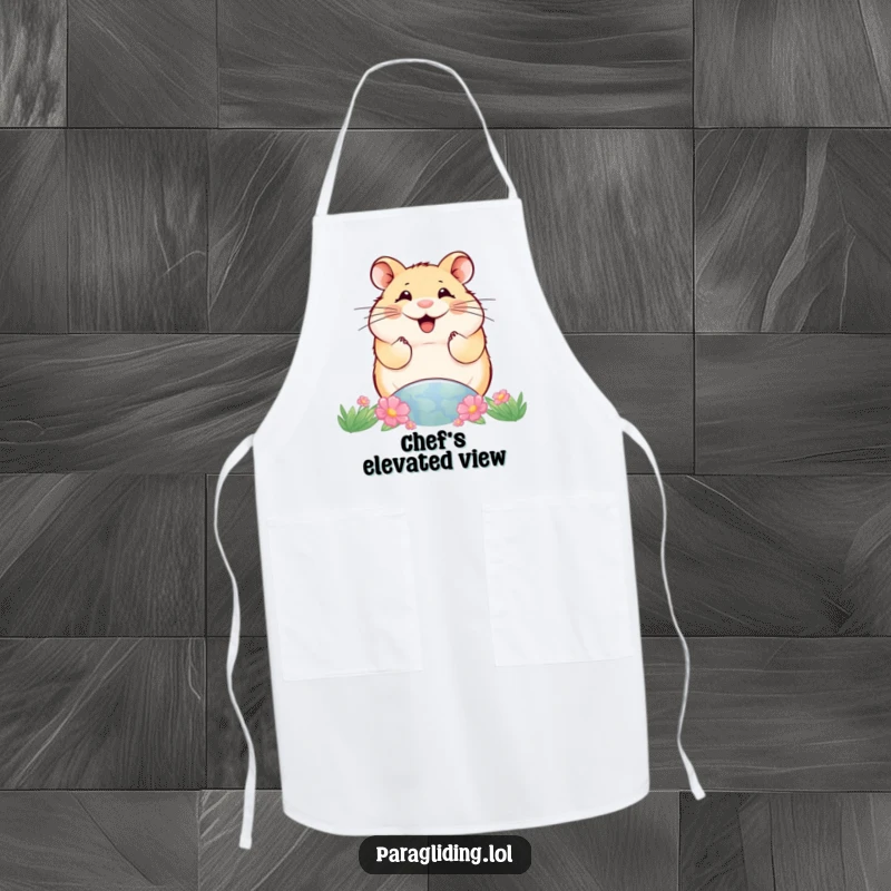 Funny apron depicting a smiling hamster overlooking the world, adding a humorous and superior touch to kitchen activities.