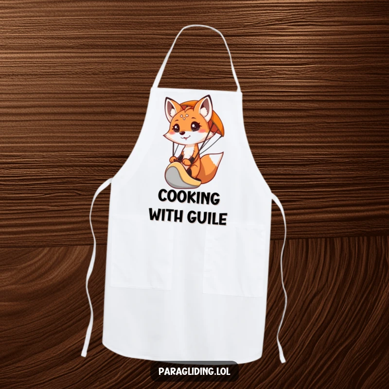 Funny kitchen apron with a determined fox paragliding design, perfect for adding adventurous flair to cooking.