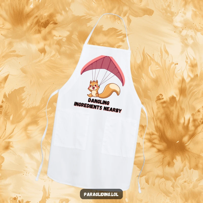 Funny squirrel paraglider apron showing an excited squirrel dangling, a humorous and practical kitchen accessory.
