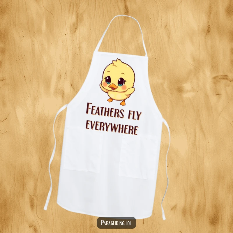 Funny apron depicting a wobbly duckling with surprised eyes falling, adding a humorous and cute element to kitchen adventures.