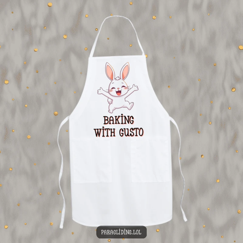 Funny apron with a delighted bunny soaring through the sky, ideal for a chef who enjoys humor and a sense of lighthearted fun.