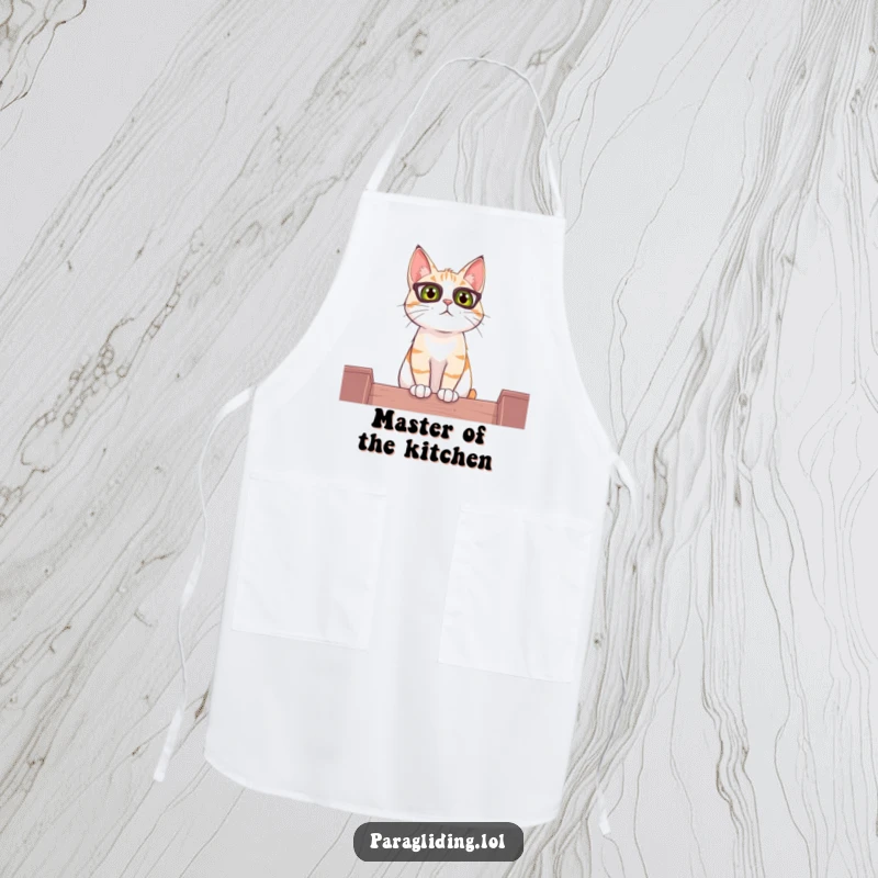 Funny apron with a curious cat observing the world from a high perch, ideal for a fun cooking experience.