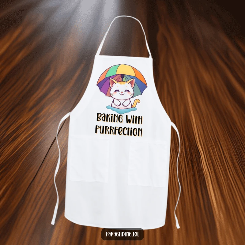 Funny apron: A smiling cat floating peacefully under a vibrant rainbow umbrella. A cheerful and functional kitchen accessory.