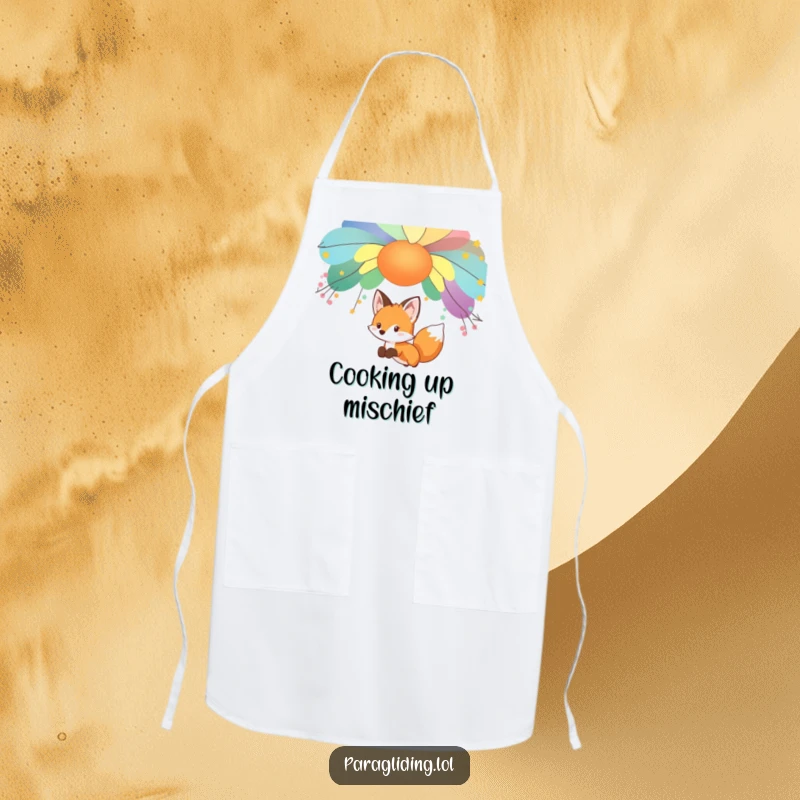 Funny fox, gliding under a colorful canopy, printed on a functional apron, a whimsical funny gift.