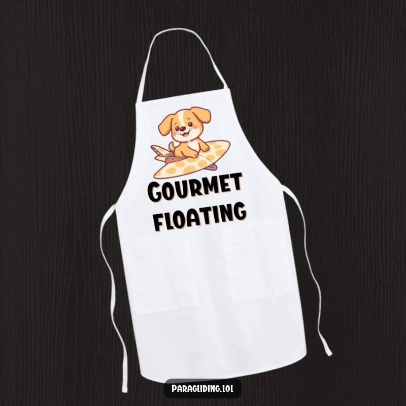 Funny apron depicting a joyful dog gently floating on a patterned glider, ideal for a cook who enjoys a lighthearted and fun kitchen environment.