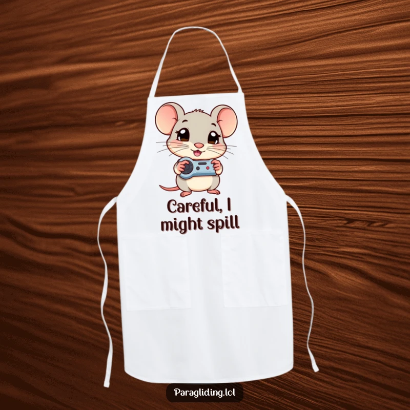 Funny apron with a shy mouse focused on its game, ready to cook up a storm with curious determination.