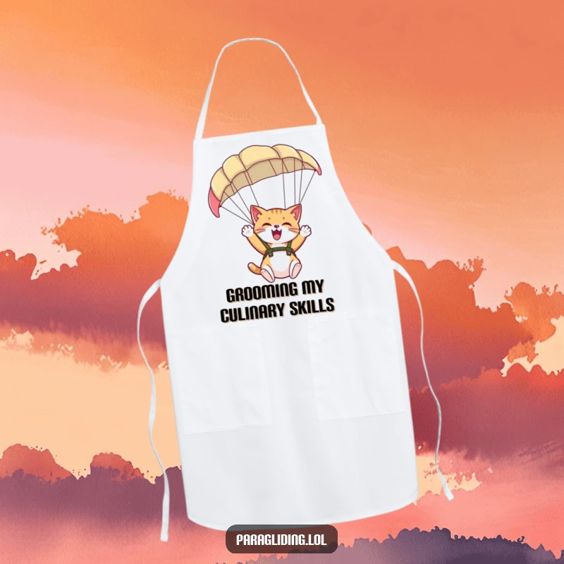 Funny kitchen apron with a giggling cat paragliding design, perfect for adding joyful flair to cooking.