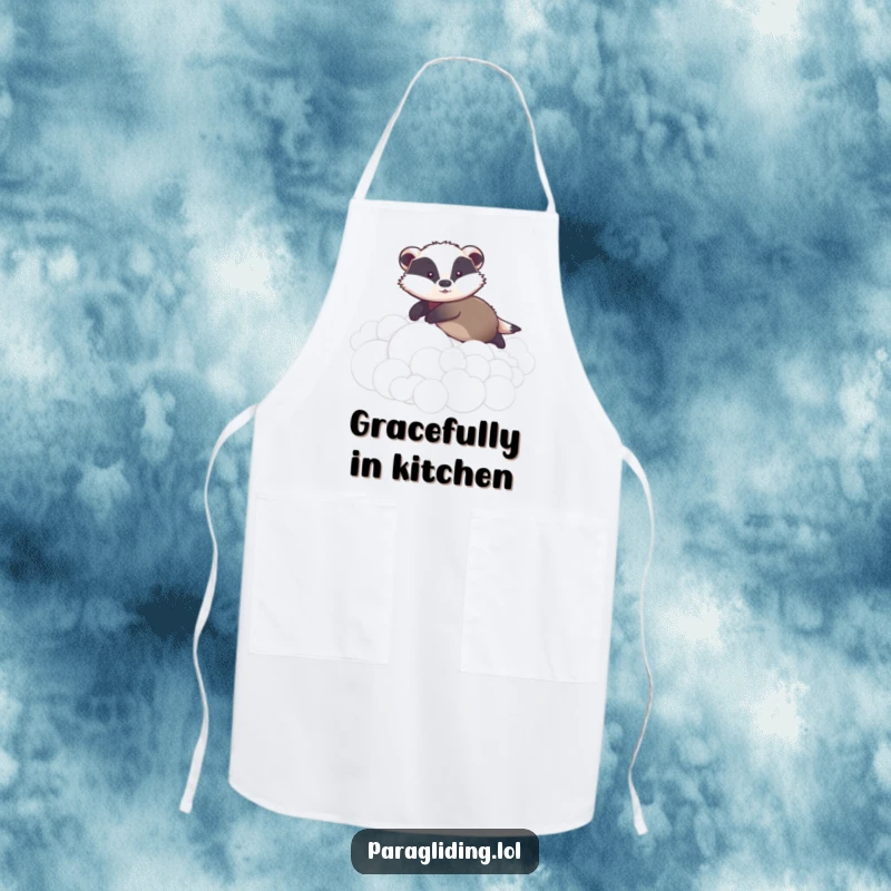 Funny apron displaying a graceful badger gently gliding over fluffy clouds, bringing a sense of calm and lighthearted fun to the kitchen.