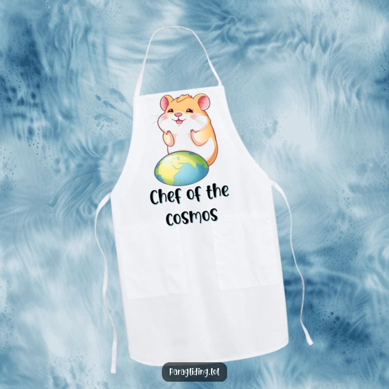 Funny hamster apron showing a smiling hamster looking down at the world, ideal for humorous cooking adventures.