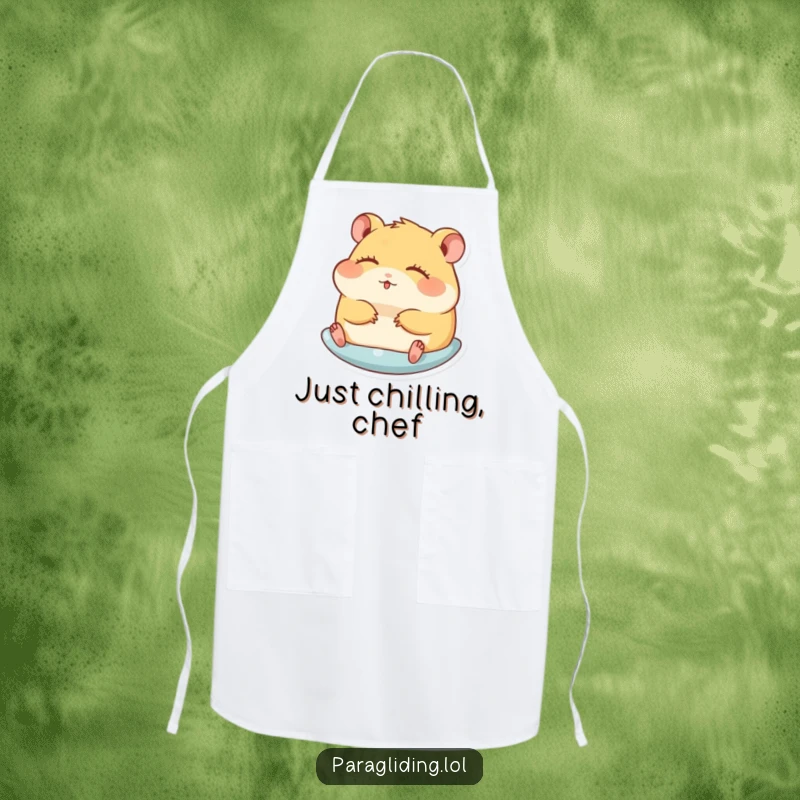 Funny apron showing a hamster gliding peacefully with eyes closed, perfect for humorous and mess-free cooking.