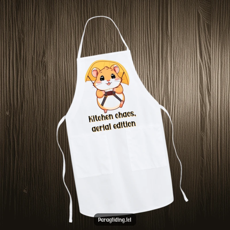 Funny apron showing a plump hamster gripping paraglider straps, eyes wide, ready for a hilarious culinary adventure. Giftable.