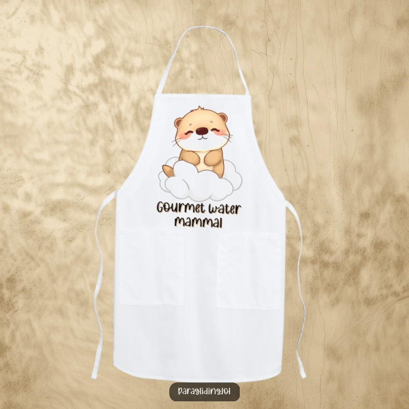 Funny apron showing a happy, fluffy otter drifting peacefully among fluffy clouds, ideal for kitchen use with a touch of whimsical relaxation.