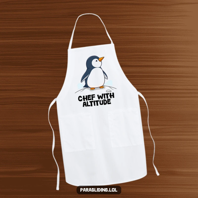Funny penguin apron, a kitchen garment with a penguin observing from a paraglider, perfect for cooking.