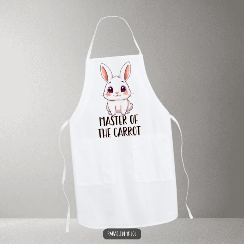 Funny apron with a playful rabbit looking down with incredibly wide, amazed eyes, perfect for cooking.