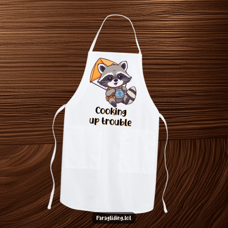 Funny mischievous raccoon playfully tugging on paraglider controls, on a kitchen apron, a brilliant funny gift.
