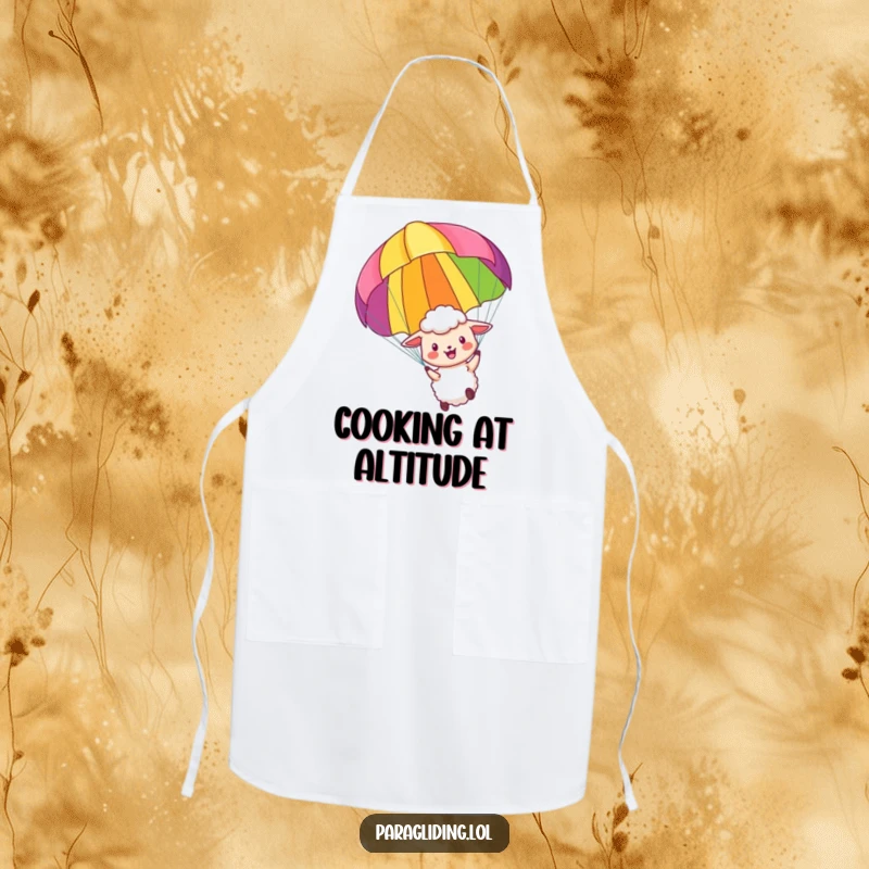 Funny apron with a little sheep paragliding, ideal for a chef who enjoys humor and a sense of lighthearted adventure.
