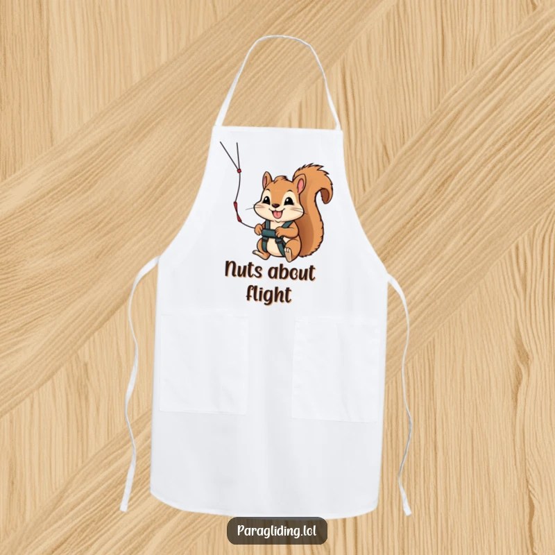 Funny apron featuring a determined squirrel with a smile, gripping a paraglider handle, perfect for a chef who isn't afraid of soaring temperatures.