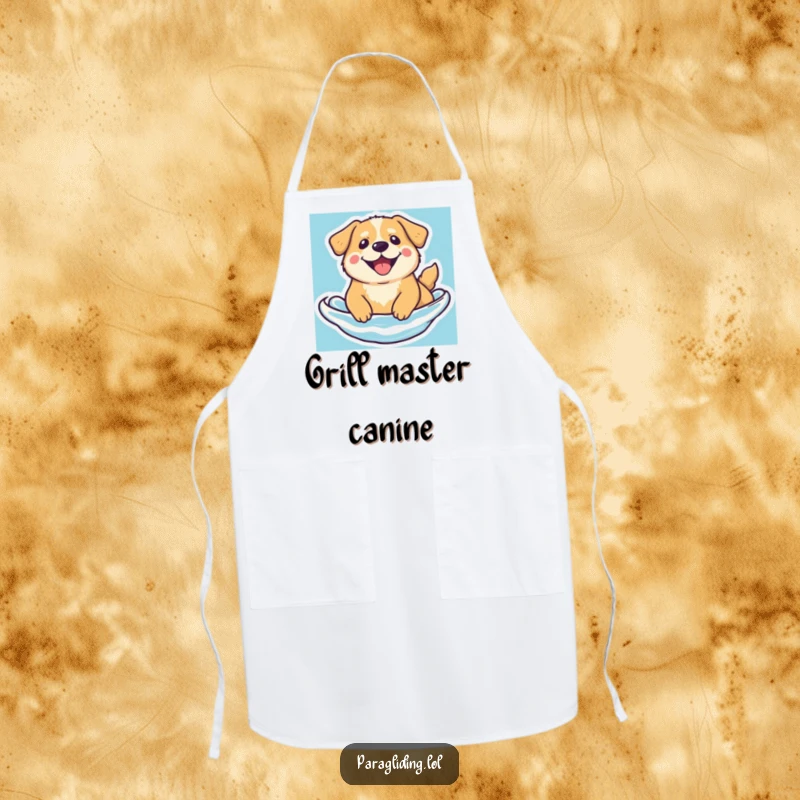 Funny floating dog apron, showcasing a beaming dog floating serenely, perfect for calm cooking sessions.