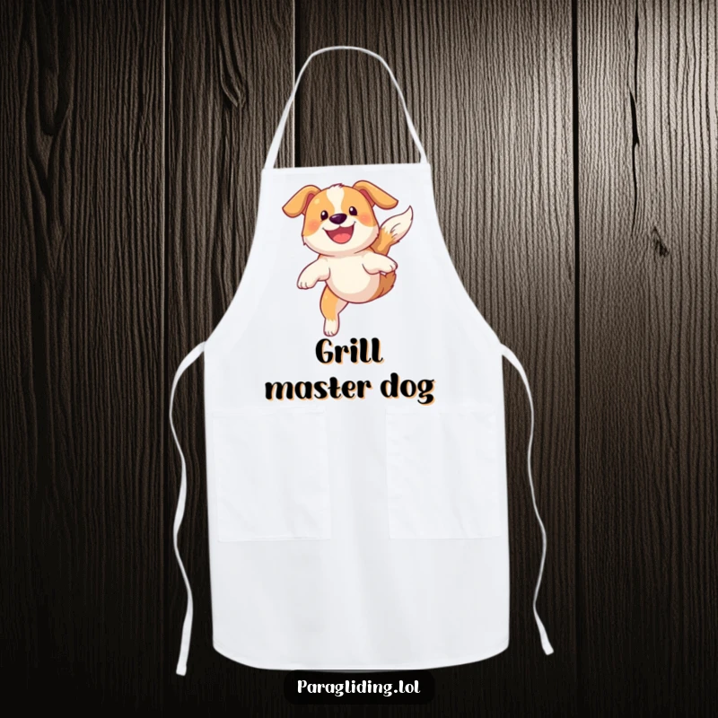 Funny apron showcasing a grinning dog gracefully soaring through the sky, perfect for a fun kitchen.