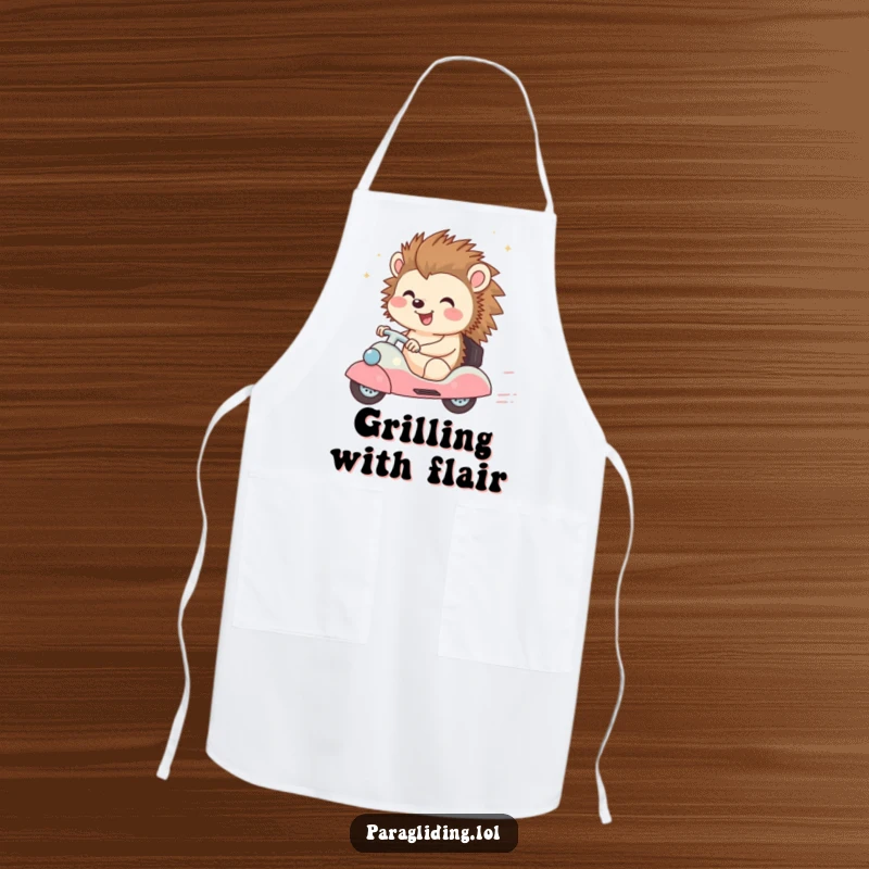 Funny kitchen apron adorned with a happy hedgehog character enjoying a breezy ride, perfect for cooking with joy.
