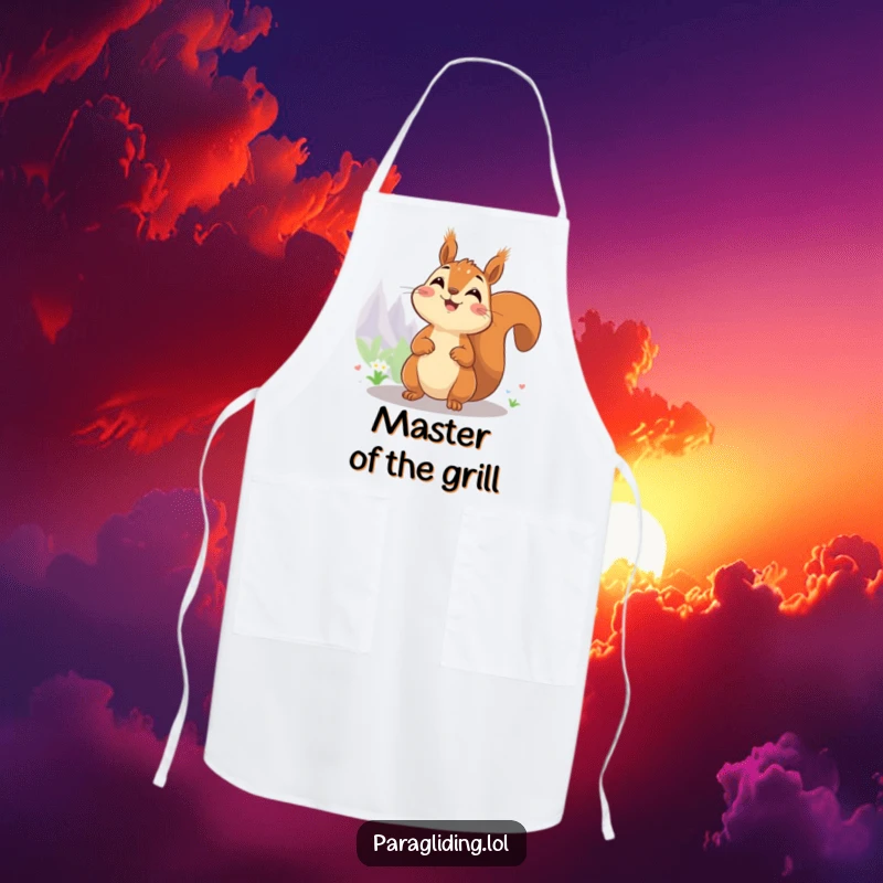 Funny apron with a cheerful squirrel enjoying an expansive view from high above, perfect for cooking.