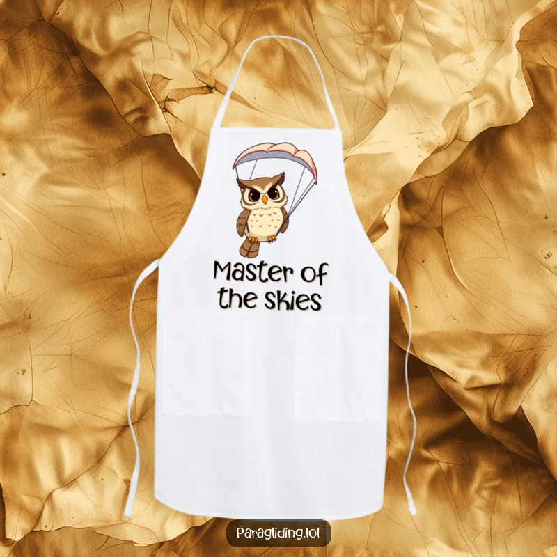 Funny Owl Apron: A functional cooking apron featuring a determined owl in a paraglider, exuding wisdom and kitchen prowess.