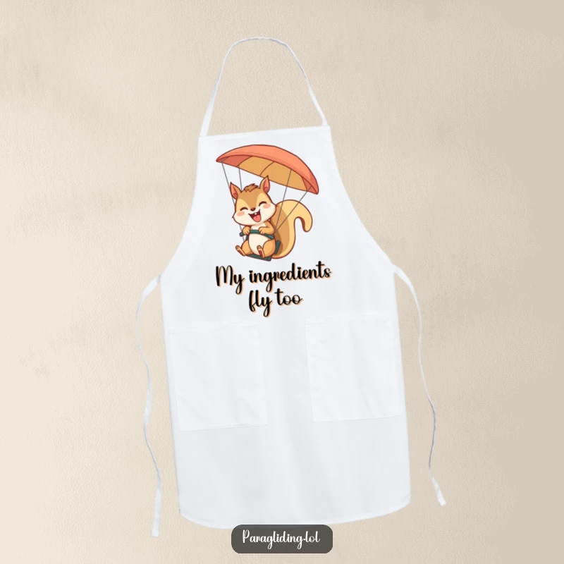 Funny giggling squirrel paragliding and waving on a chef's apron. A playful and practical funny gift for cooks.