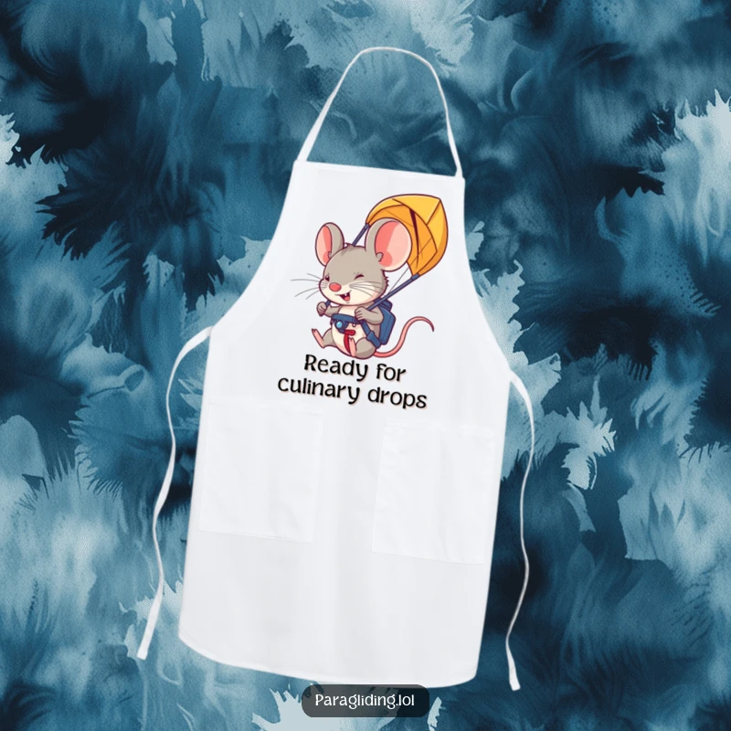 Funny paraglider mouse apron: a protective garment with a determined mouse gripping paraglider handles, ideal for kitchen escapades.