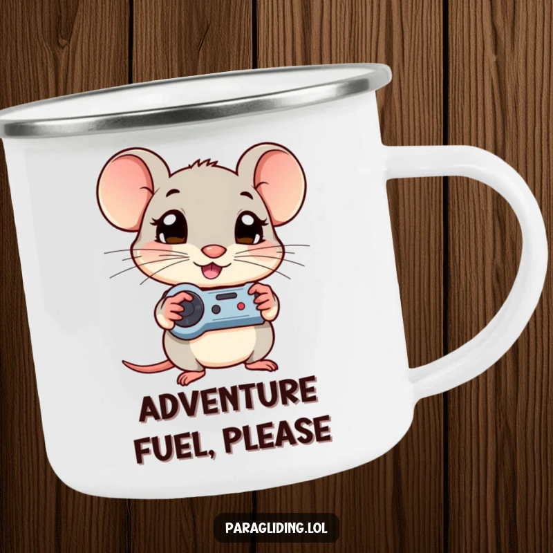 Funny camping mug showing a shy mouse gripping game controls, eyes wide with curiosity, ready for outdoor gaming.