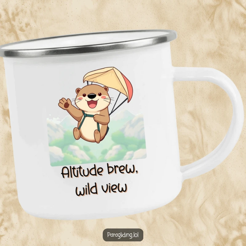 Funny camping mug with a happy otter waving from a paraglider high in the air, perfect for outdoor coffee breaks.