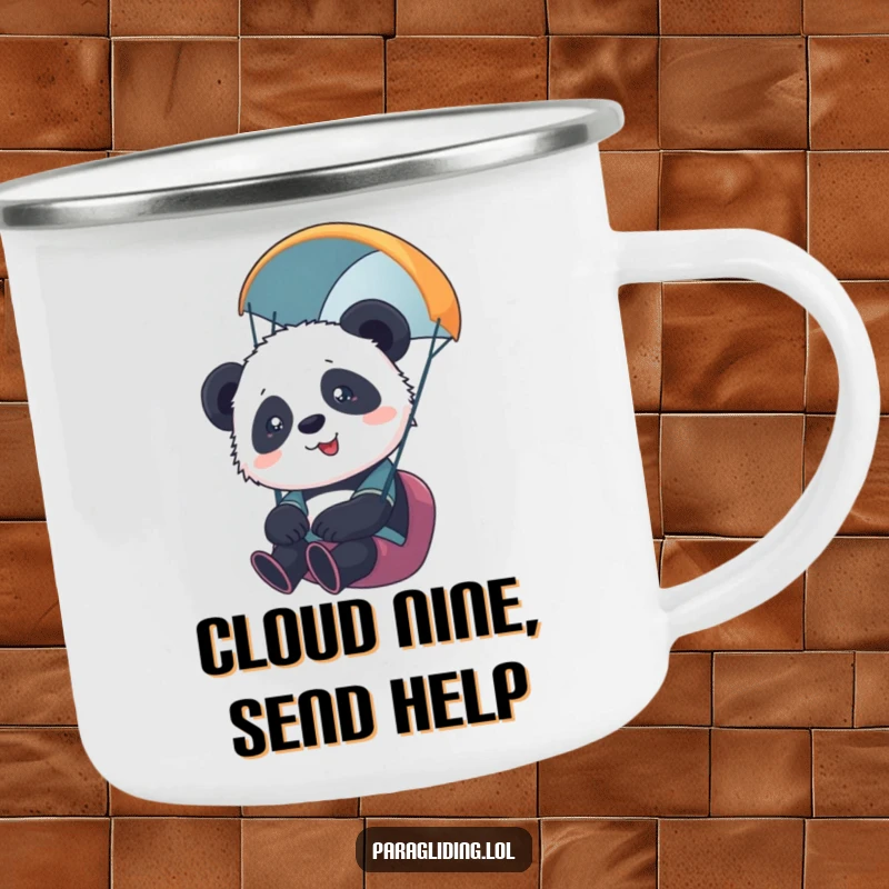 Funny camping mug showcasing an overwhelmed panda cub paragliding, symbolizing a bold and humorous outdoor adventure. Perfect gift.