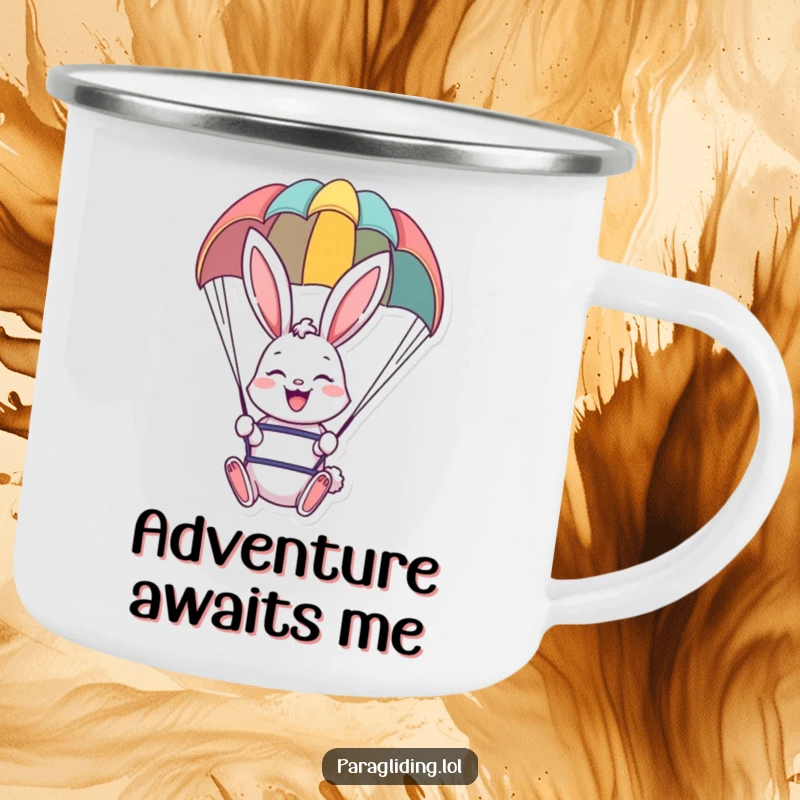 Funny and durable camping mug featuring a cheerful bunny paragliding, ideal for outdoor adventures.