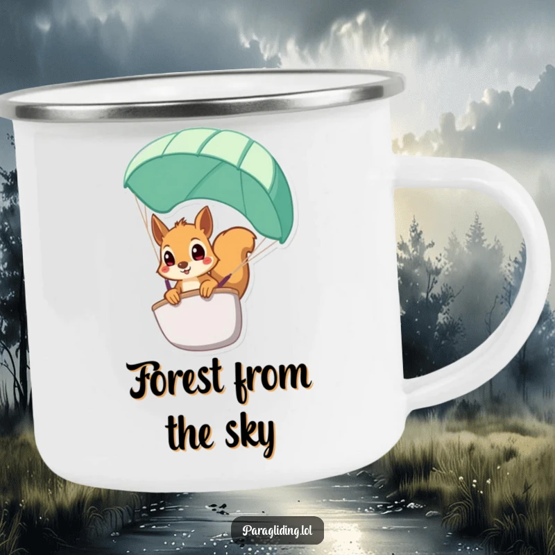Funny squirrel camping mug, a rugged cup with a squirrel peeking from a paraglider, great for outdoors.