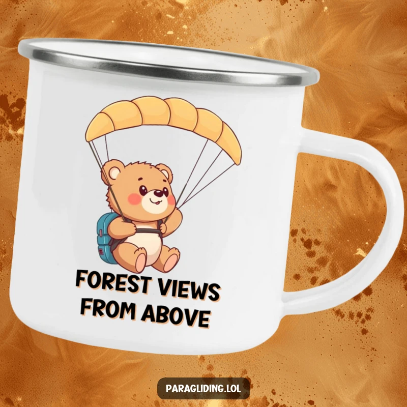 Funny bear cub paragliding camping mug, featuring a cub amazed by the view from a paraglider.