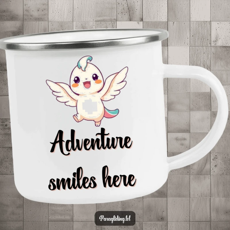 Funny camping mug with a smiling winged creature descending, perfect for outdoor enthusiasts who enjoy a good laugh and hot beverage.