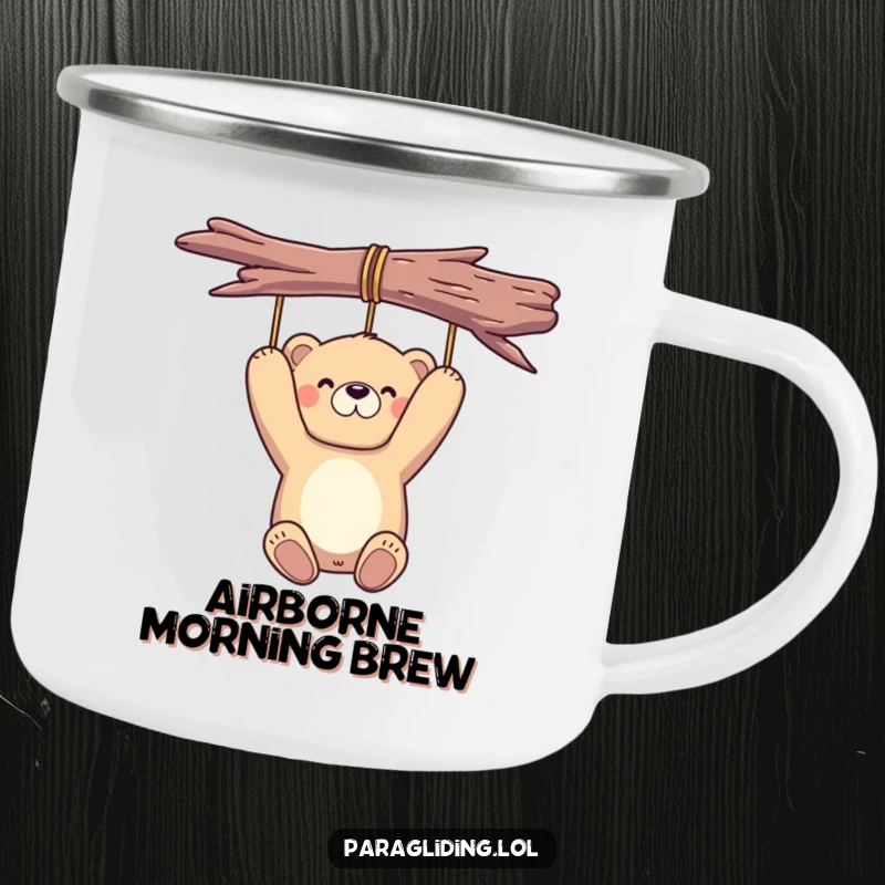 Funny bear camping mug with a proud bear peacefully suspended in the air, for hilarious outdoor beverage enjoyment.