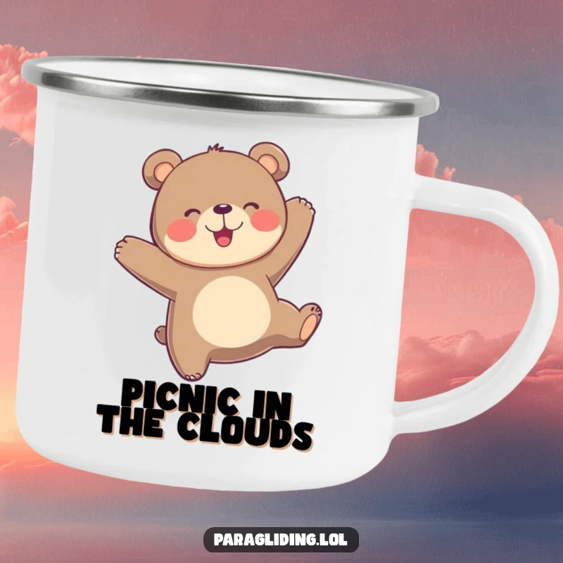 Funny playful bear bobs joyfully in the air on a camping mug, perfect for sipping joyful adventures.