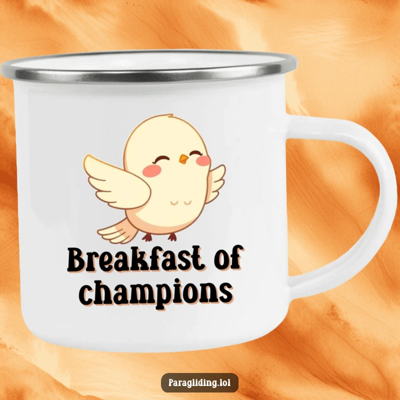Funny smiling bird peacefully drifting on wind currents on a durable camping mug. A serene and rugged funny gift for outdoor enthusiasts.