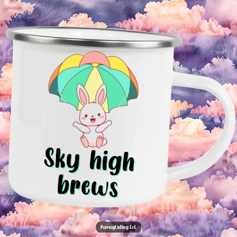 Funny camping mug with a happy bunny floating serenely under a colorful parachute, perfect for enjoying drinks during outdoor adventures with a smile.