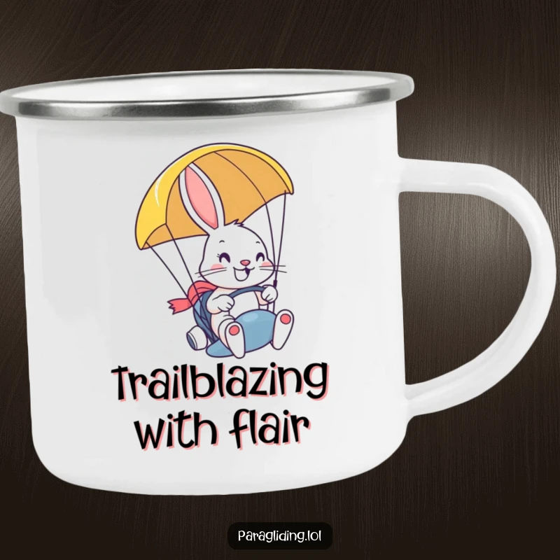 Funny camping mug with a determined, smiling bunny steering a paraglider with a grin, perfect for enjoying beverages during outdoor adventures with a touch of whimsy.