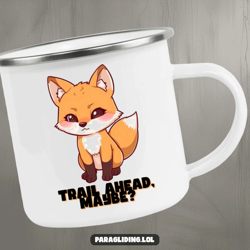 Funny camping mug with a determined fox looking downwards with curiosity, perfect for thoughtful outdoor enjoyment, excellent funny gift.