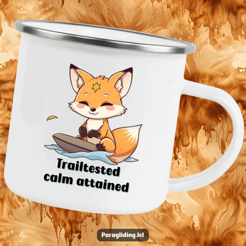 Funny Fox Paraglider Camping Mug depicting a fox with a calm smile navigating wind currents, built for outdoor enjoyment.