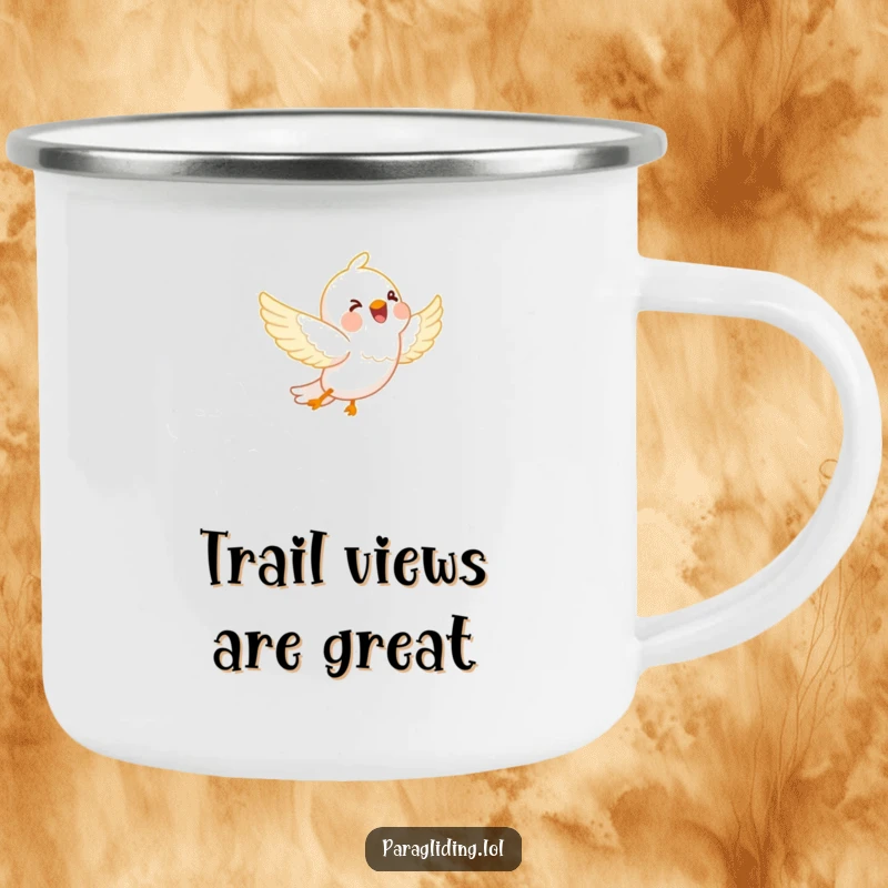 Funny camping mug: A happy bird joyfully soaring through fluffy white clouds. Rugged, durable, and humorously uplifting.
