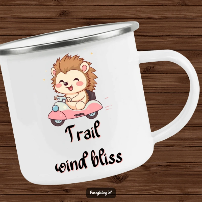 Funny enamel camping mug showcasing a happy hedgehog character enjoying a breezy ride, perfect for outdoor adventures.