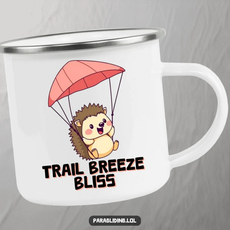 Funny Hedgehog Camping Mug: A durable camping mug with a funny image of a cheerful hedgehog paragliding, enjoying the wind.